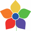 A logo shaped like a flower with different colours for each petal